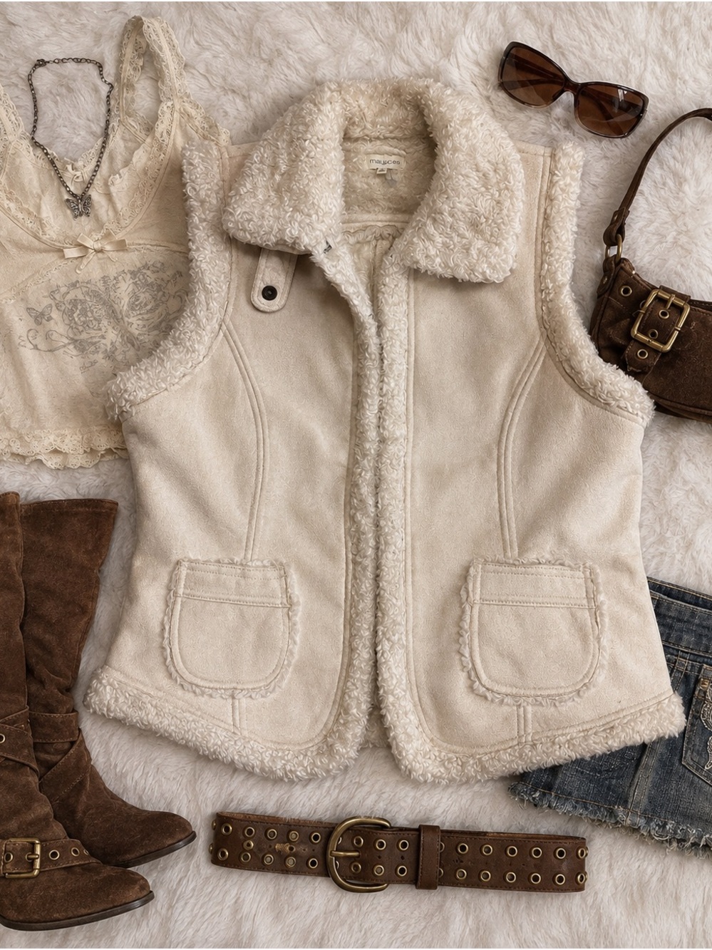 Y2K Cream Sherpa Suede Faux Shearling Vest Bella Swan Fall Winter 2000s Boho